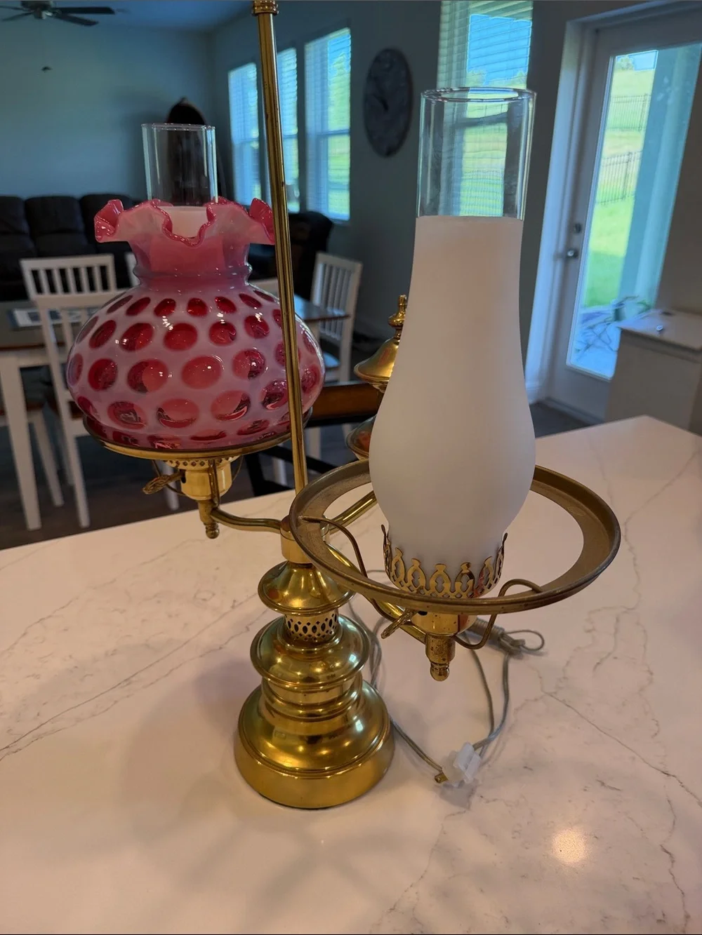 Vintage-Style Pink Fenton Double Oil Lamp with Brass Base